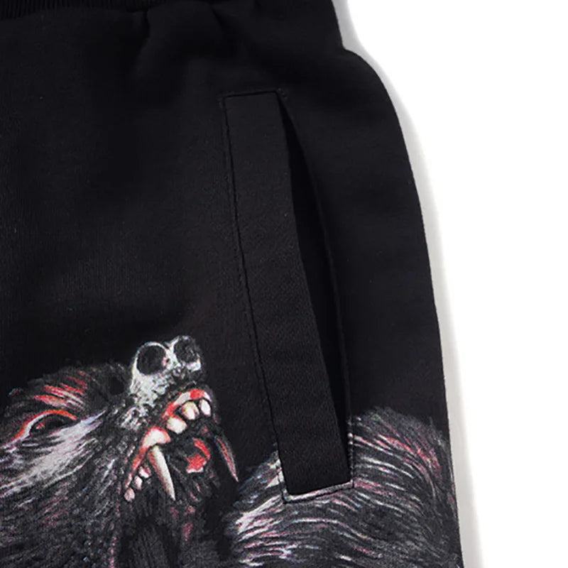 Black Roaring Orangutan Striped Graphic Shorts