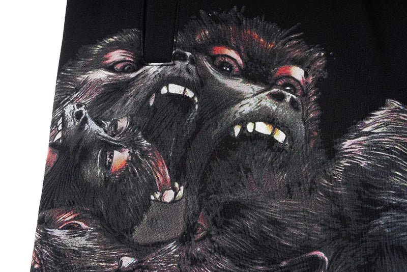 Black Roaring Orangutan Striped Graphic Shorts