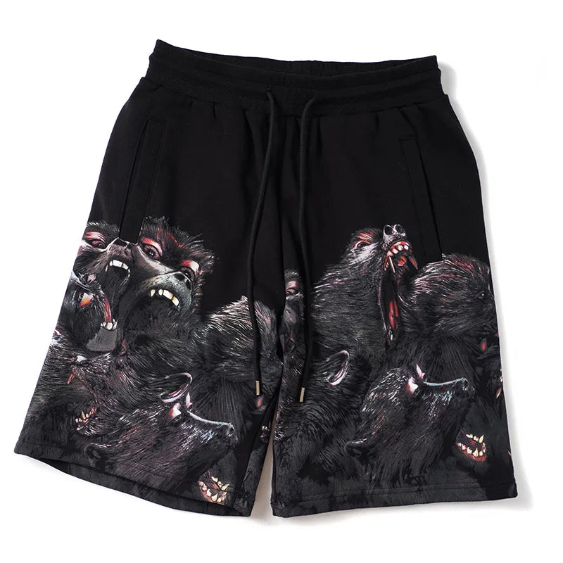 Black Roaring Orangutan Striped Graphic Shorts