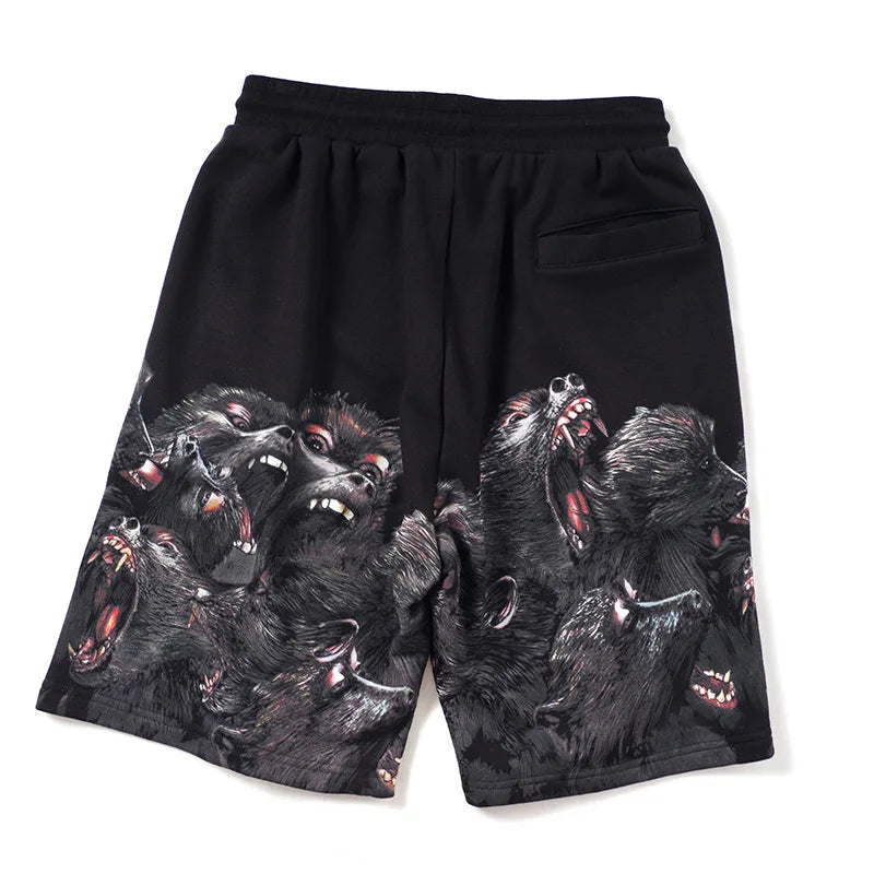 Black Roaring Orangutan Striped Graphic Shorts