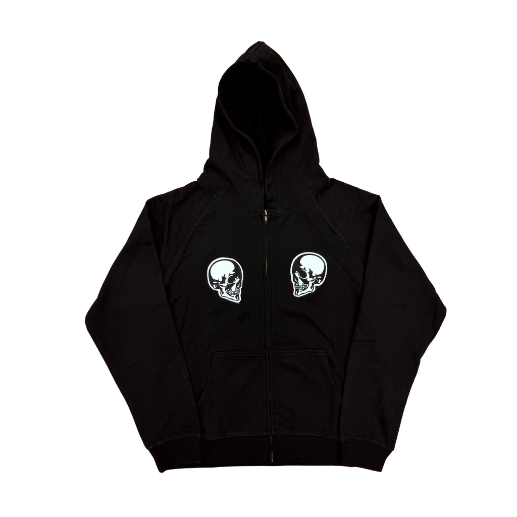Black Double Skull Graphic Zip Hoodie