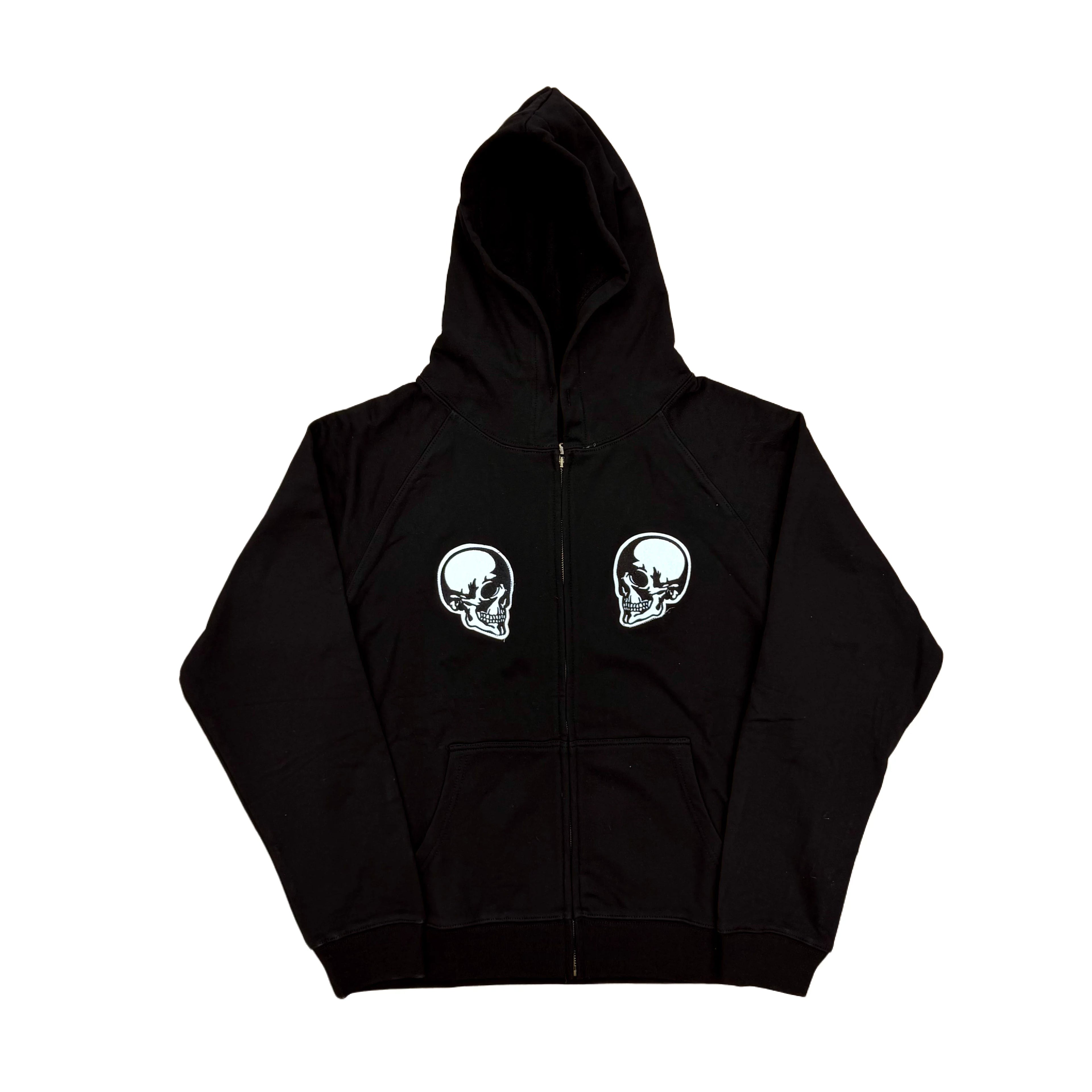 Black Double Skull Graphic Zip Hoodie