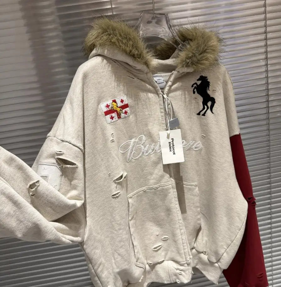 Gray Double Layer Graphic Hoodie