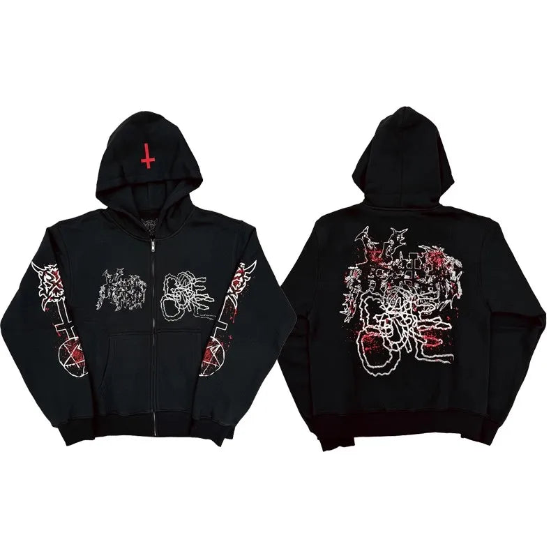 Black Statement Graphic Zip Hoodie