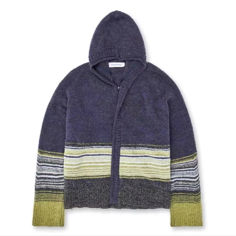 Green Striped Knit Cardigans Zip Cardigan