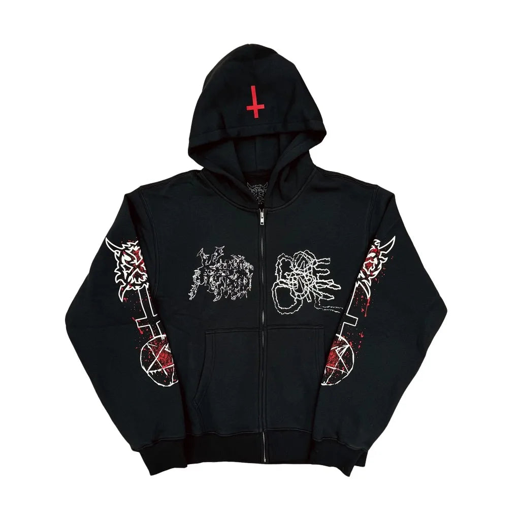 Black Statement Graphic Zip Hoodie