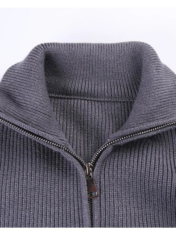 Grey Zippers Knit Cardigans Zip Cardigan