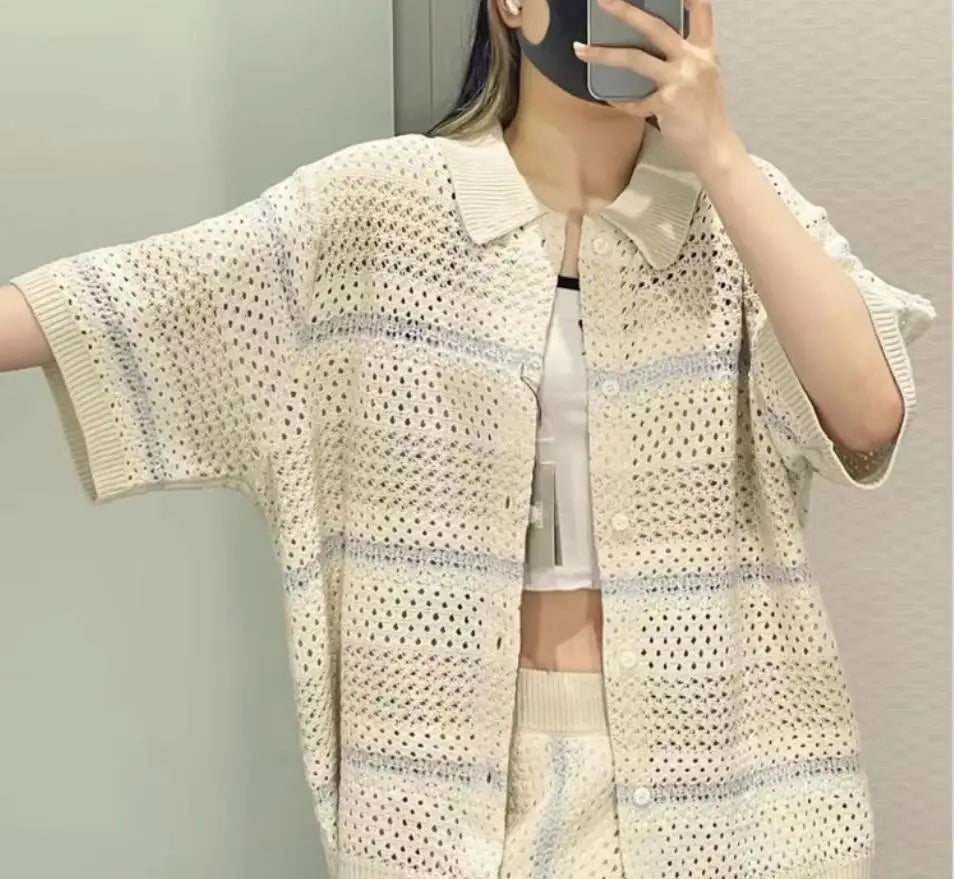 Beige Keith Crochet Buttondown Polo Shirt