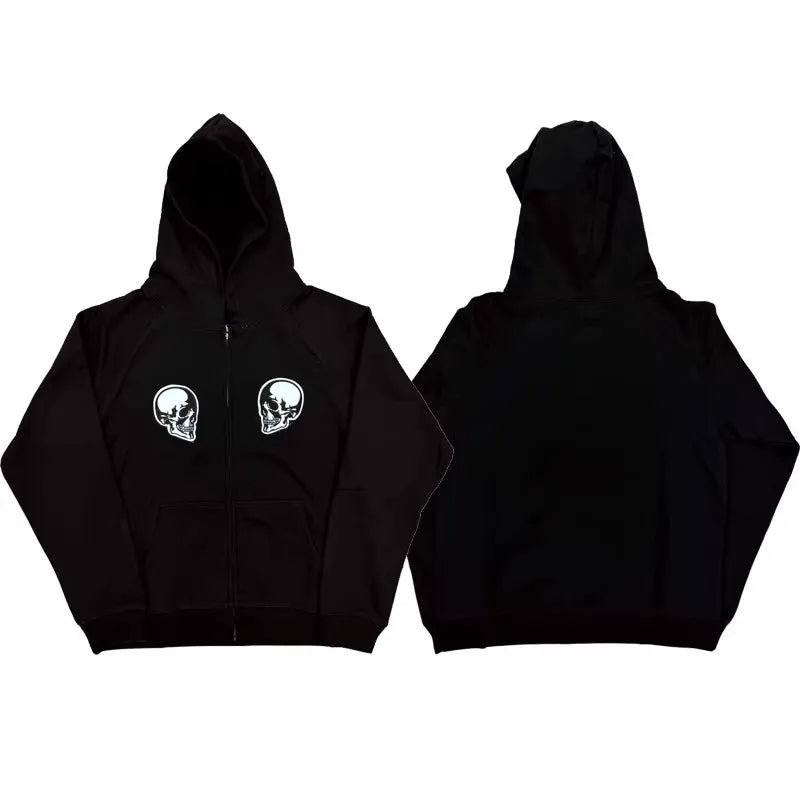 Black Double Skull Graphic Zip Hoodie