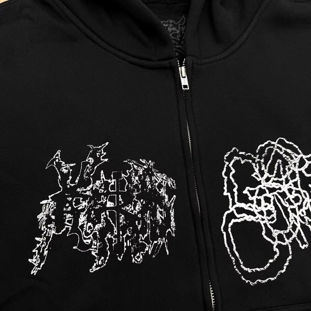 Black Statement Graphic Zip Hoodie