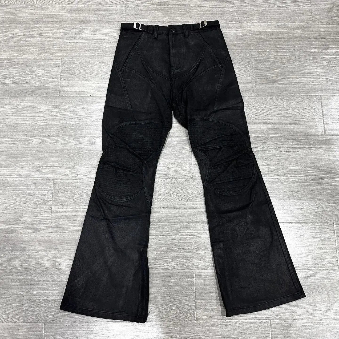 Beige Coating Waxed Motorcycle Graphic Jeans