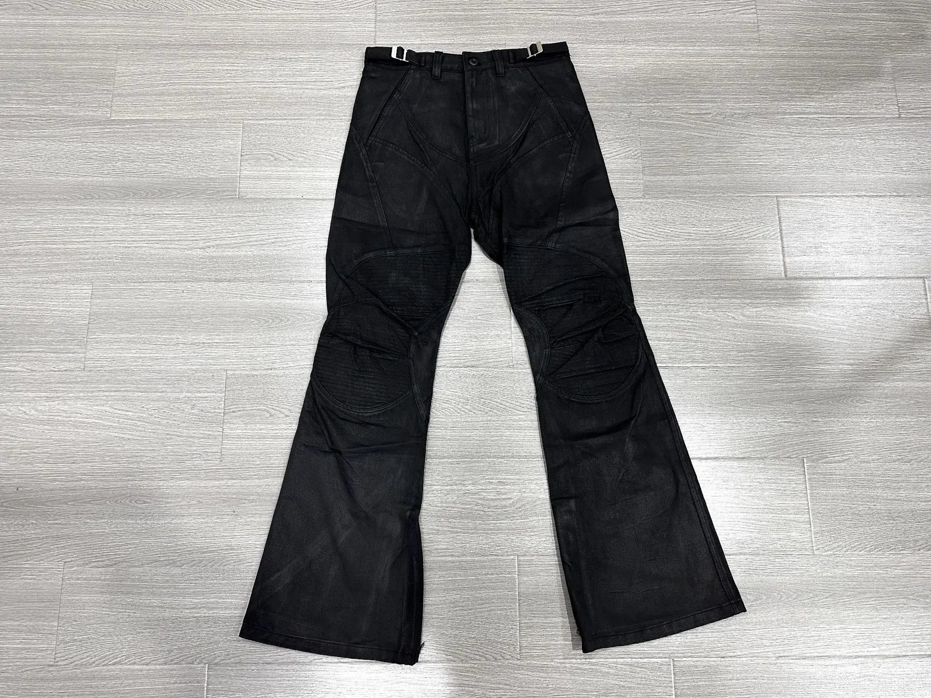 Beige Coating Waxed Motorcycle Graphic Jeans