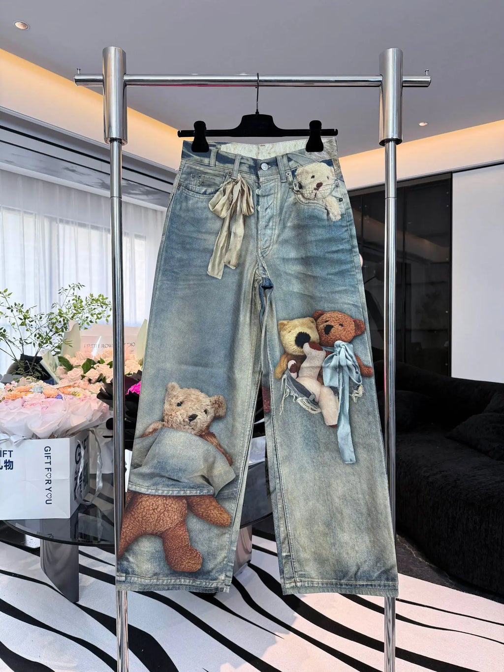 Beige Bear Straight-Leg Jeans