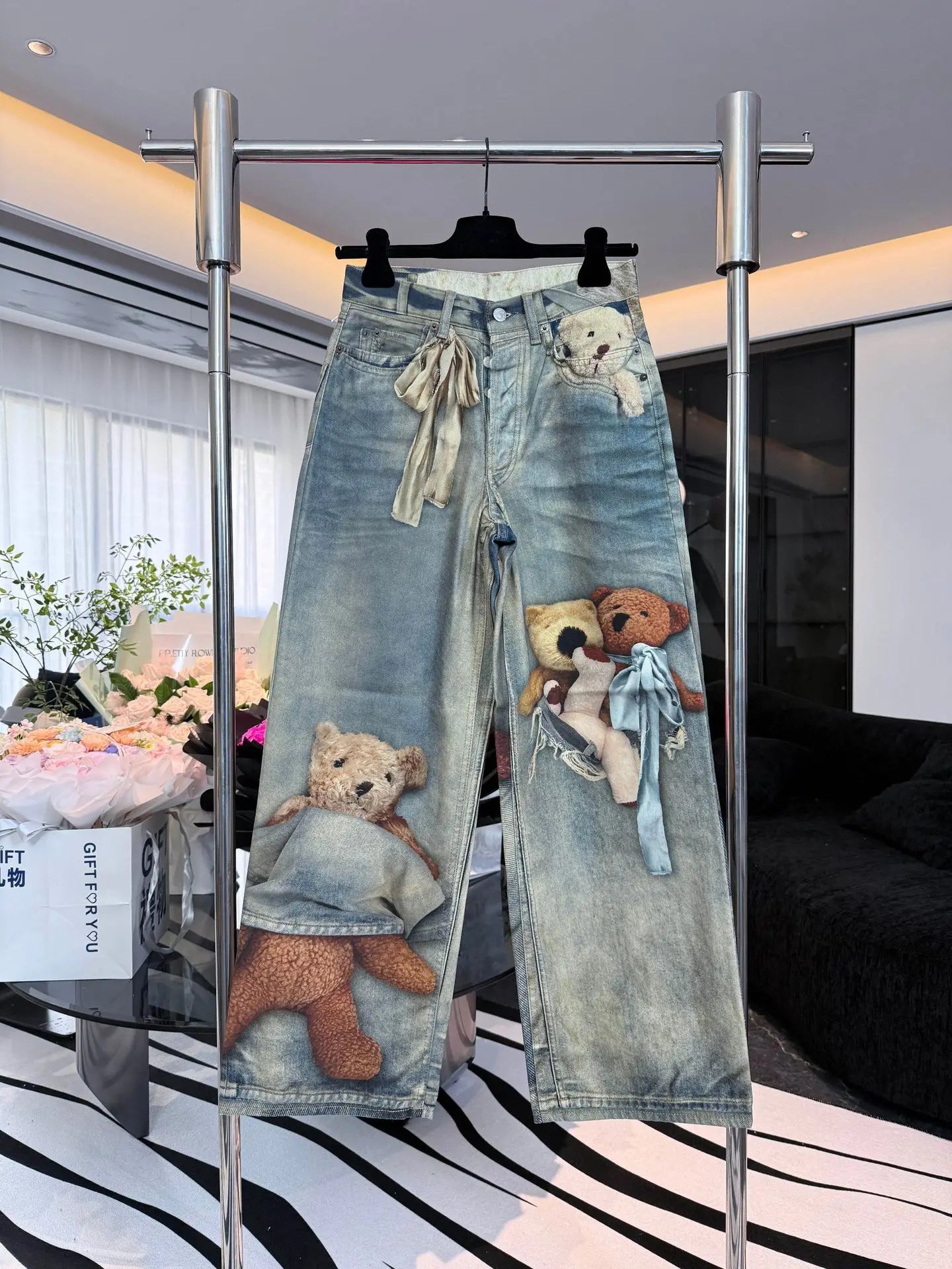 Beige Bear Straight-Leg Jeans