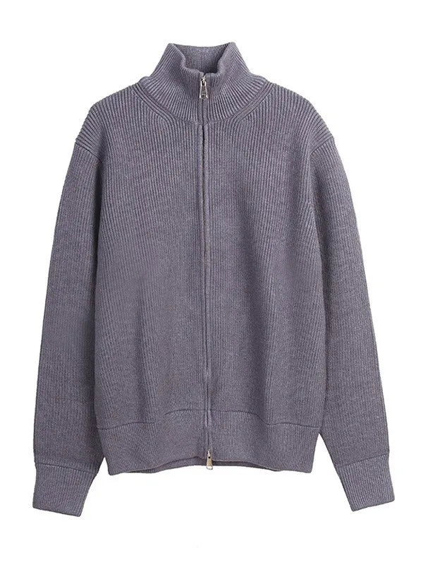 Grey Zippers Knit Cardigans Zip Cardigan