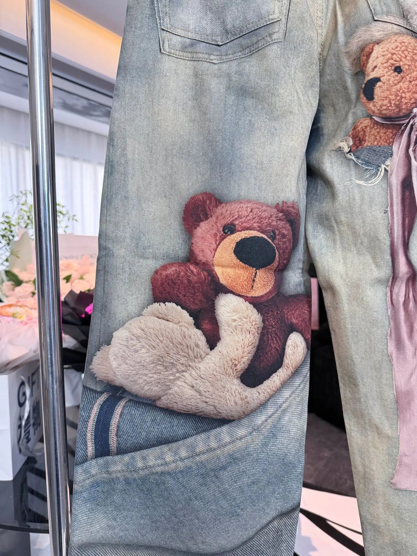 Beige Bear Straight-Leg Jeans