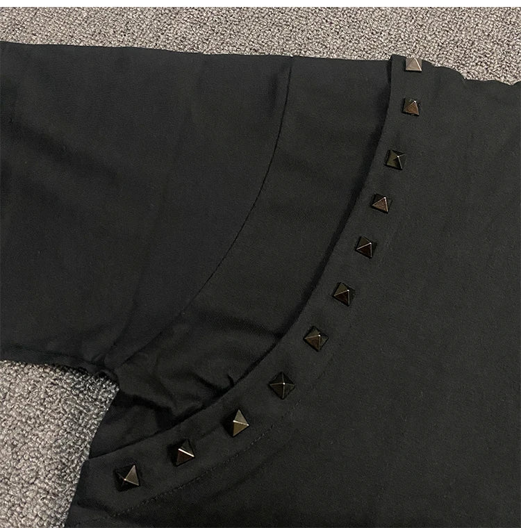 Black Metal Rivet Shoulder Graphic Tee