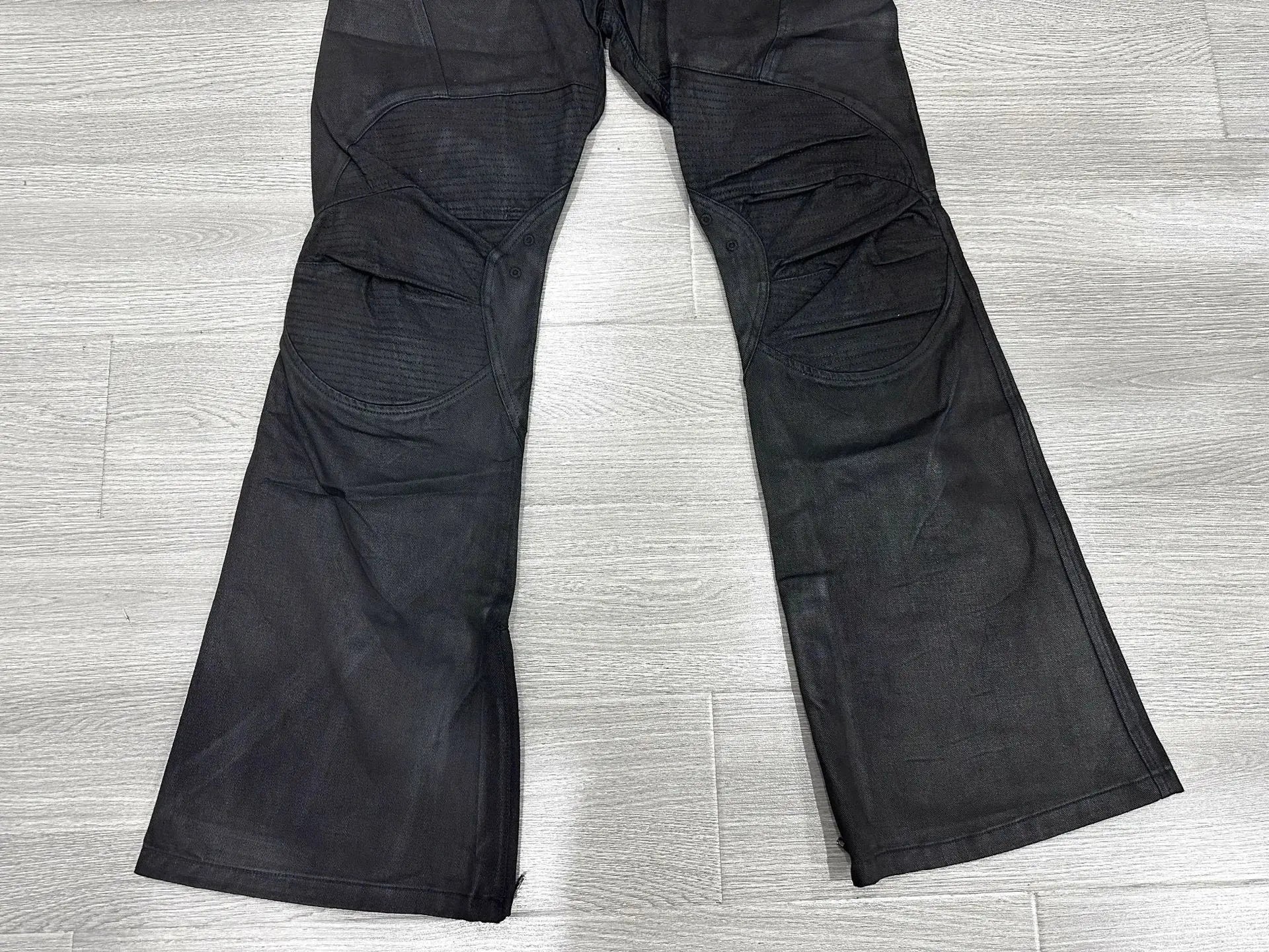Beige Coating Waxed Motorcycle Graphic Jeans