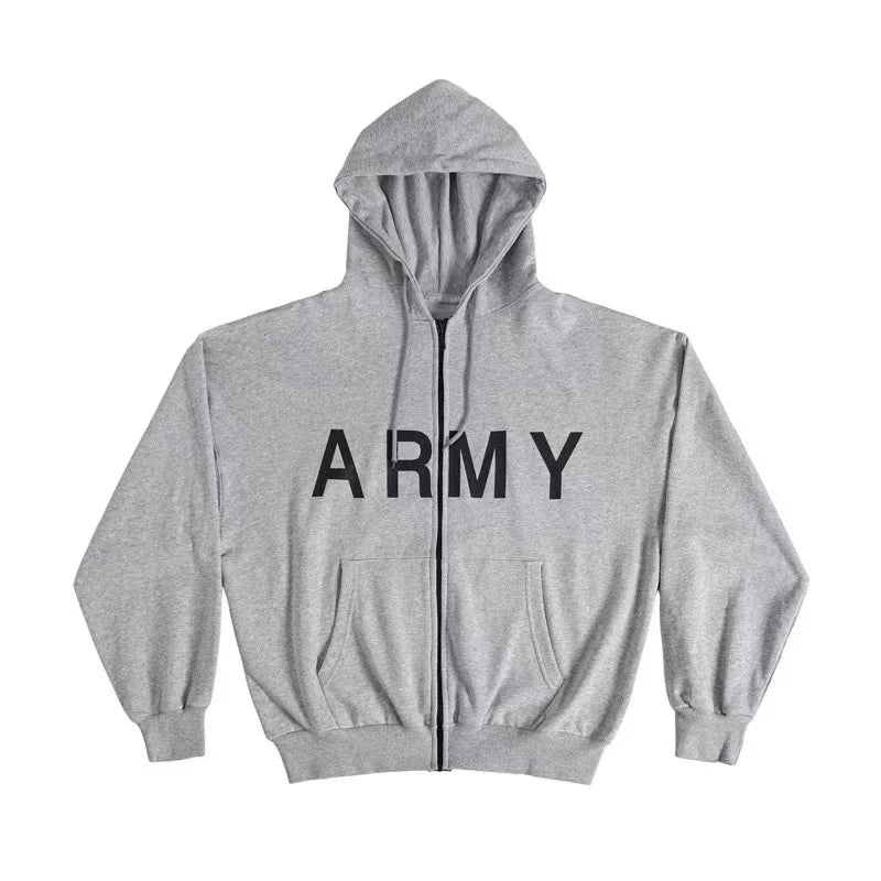 Army Grey Graphic Zip Hoodie