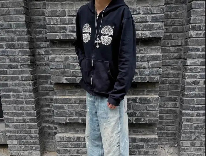 Black Ullover Graphic Zip Hoodie