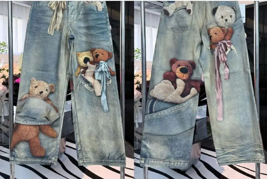 Beige Bear Straight-Leg Jeans