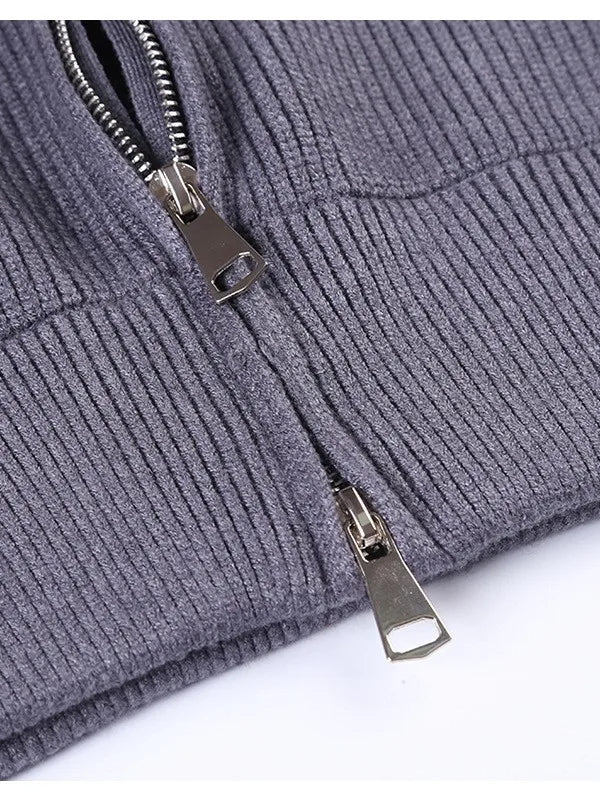 Grey Zippers Knit Cardigans Zip Cardigan