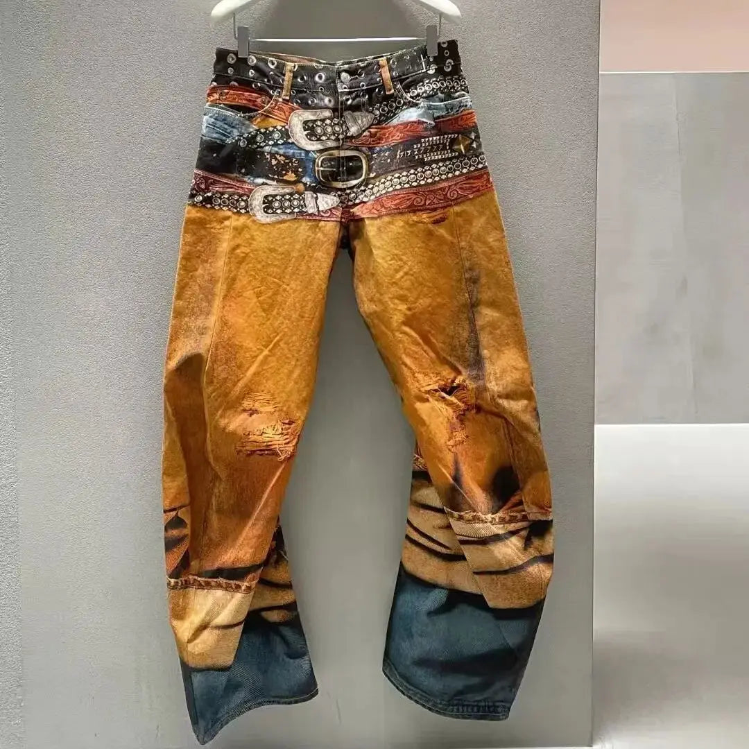 2025 New Digital Printed Belt 2006M Denim Zipper Slim Fit Straight PANT Jeans Cotton Denim Pants Casual Jeans Size s-XL #R020