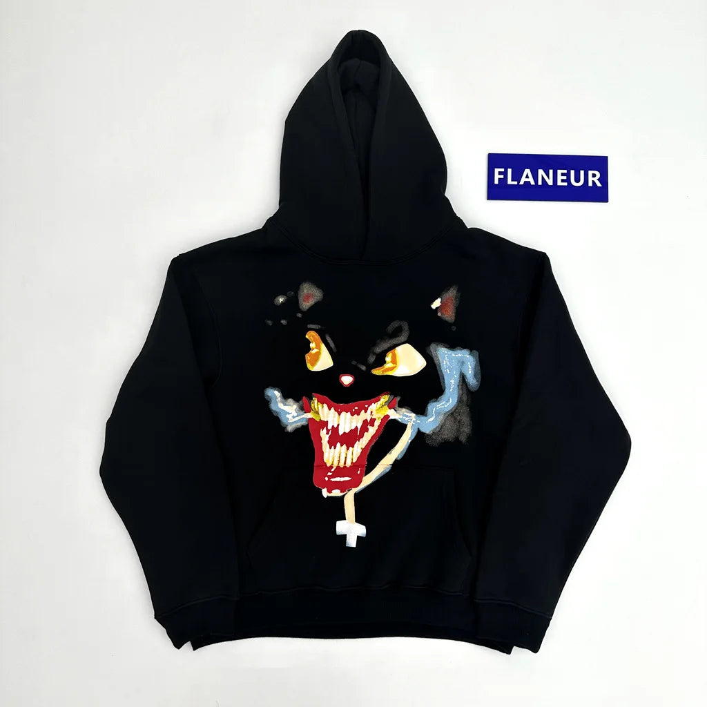 Black Distressed Bold Motif Graphic Hoodie