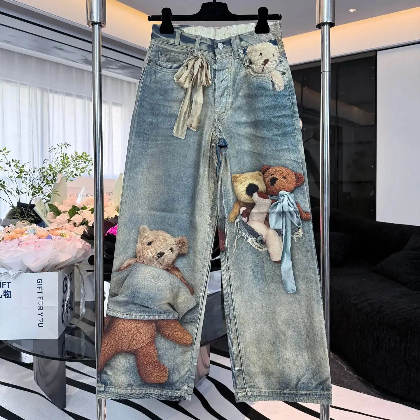 Beige Bear Straight-Leg Jeans