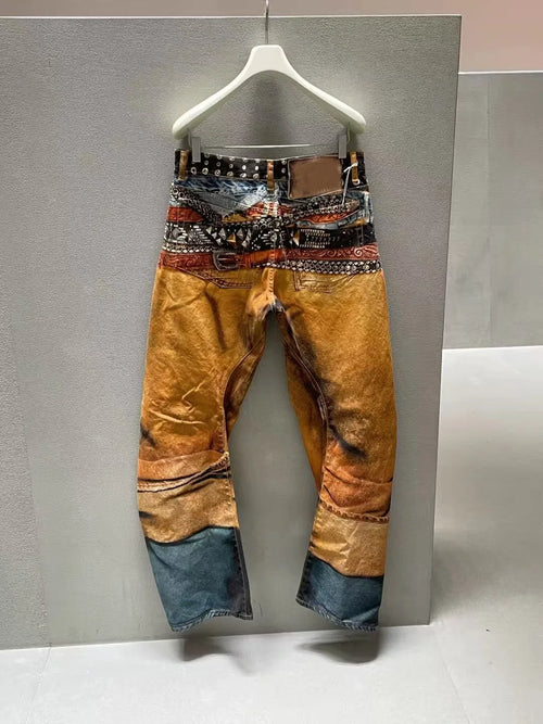 2025 New Digital Printed Belt 2006M Denim Zipper Slim Fit Straight PANT Jeans Cotton Denim Pants Casual Jeans Size s-XL #R020