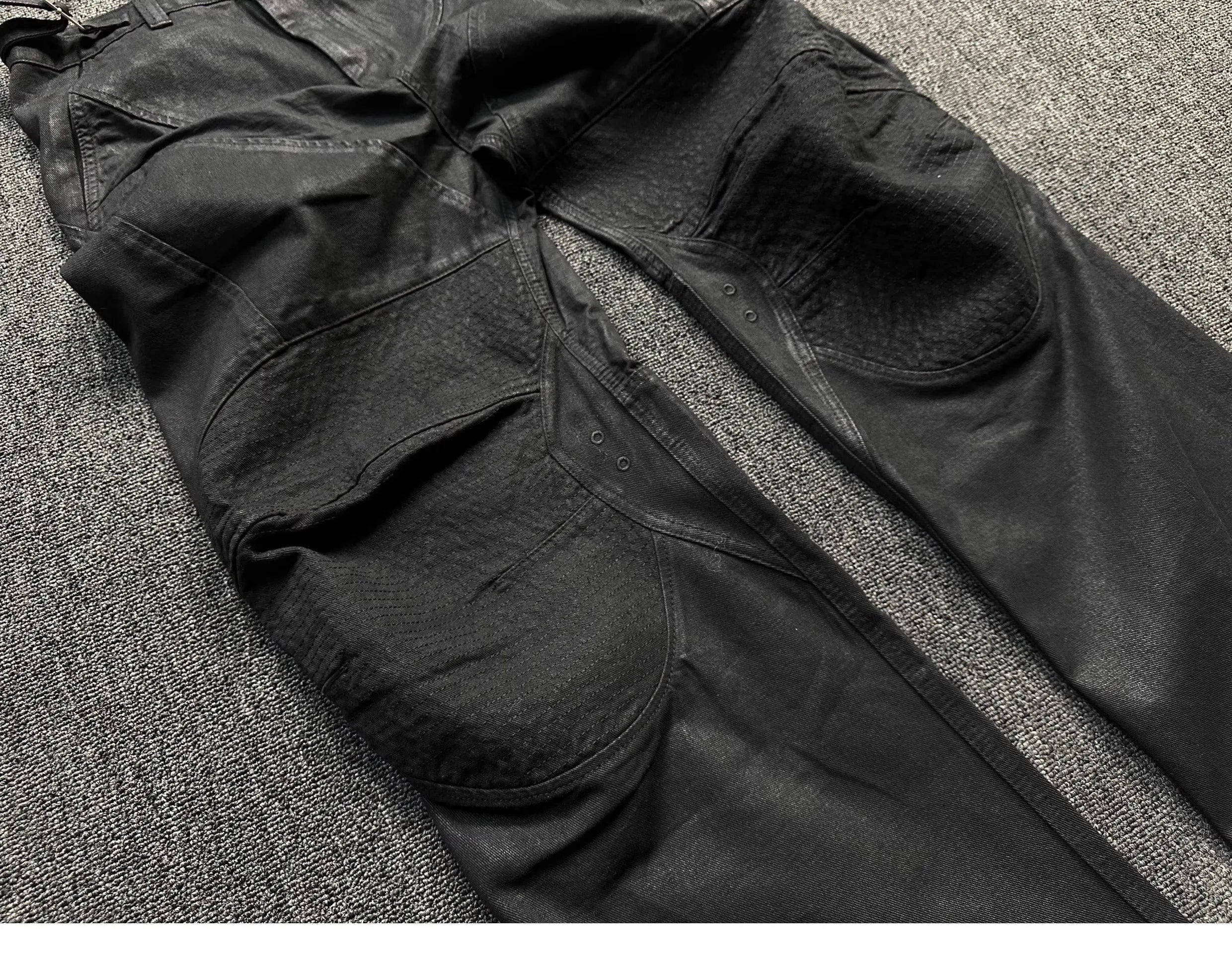 Beige Coating Waxed Motorcycle Graphic Jeans