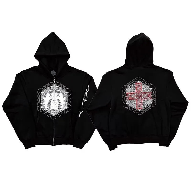 Black Star Cross Graphic Zip Hoodie