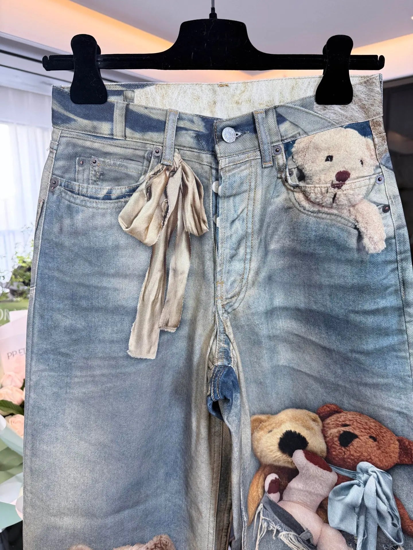Beige Bear Straight-Leg Jeans