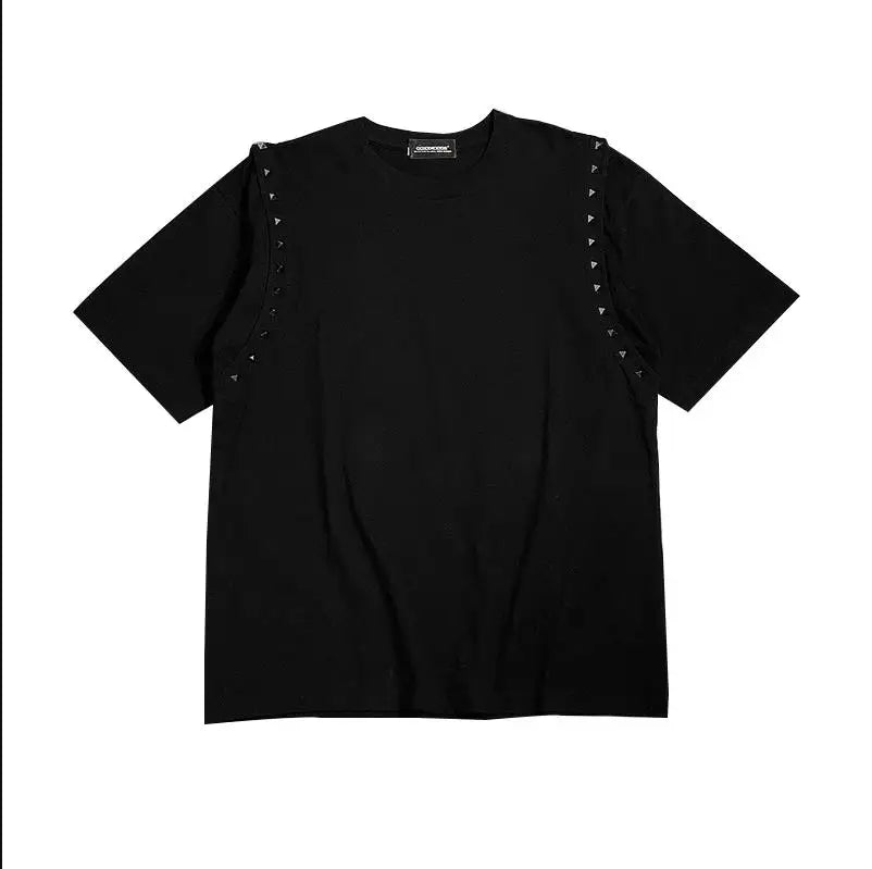 Black Metal Rivet Shoulder Graphic Tee