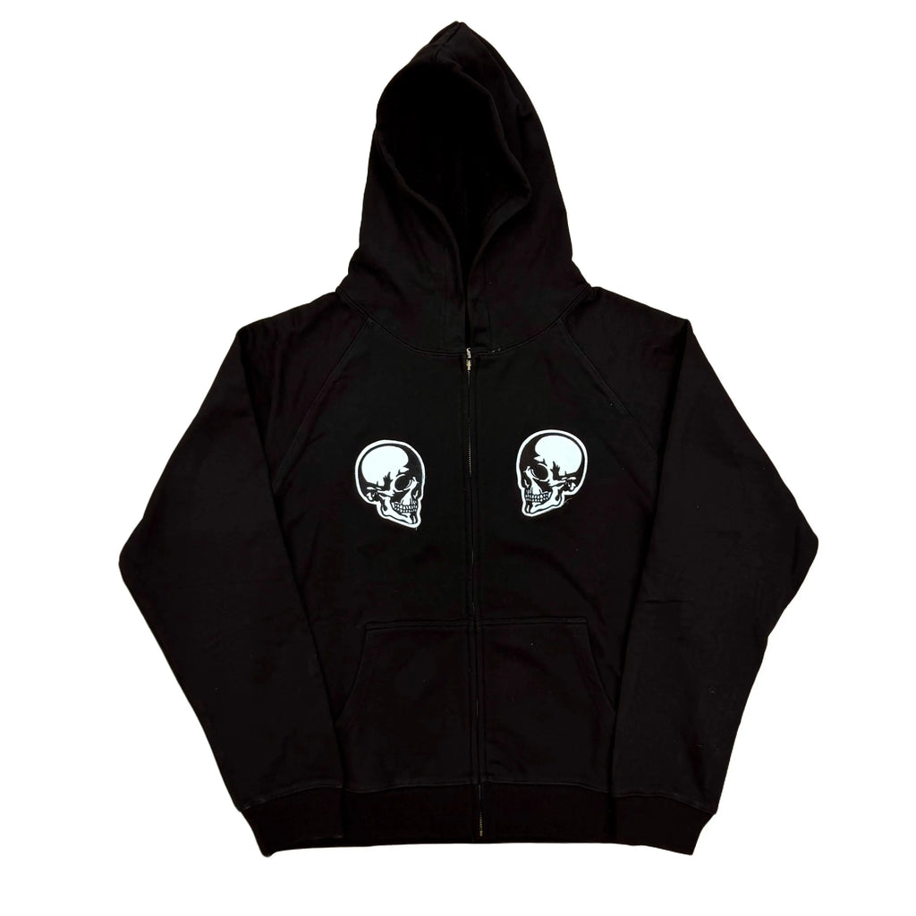 Black Double Skull Graphic Zip Hoodie