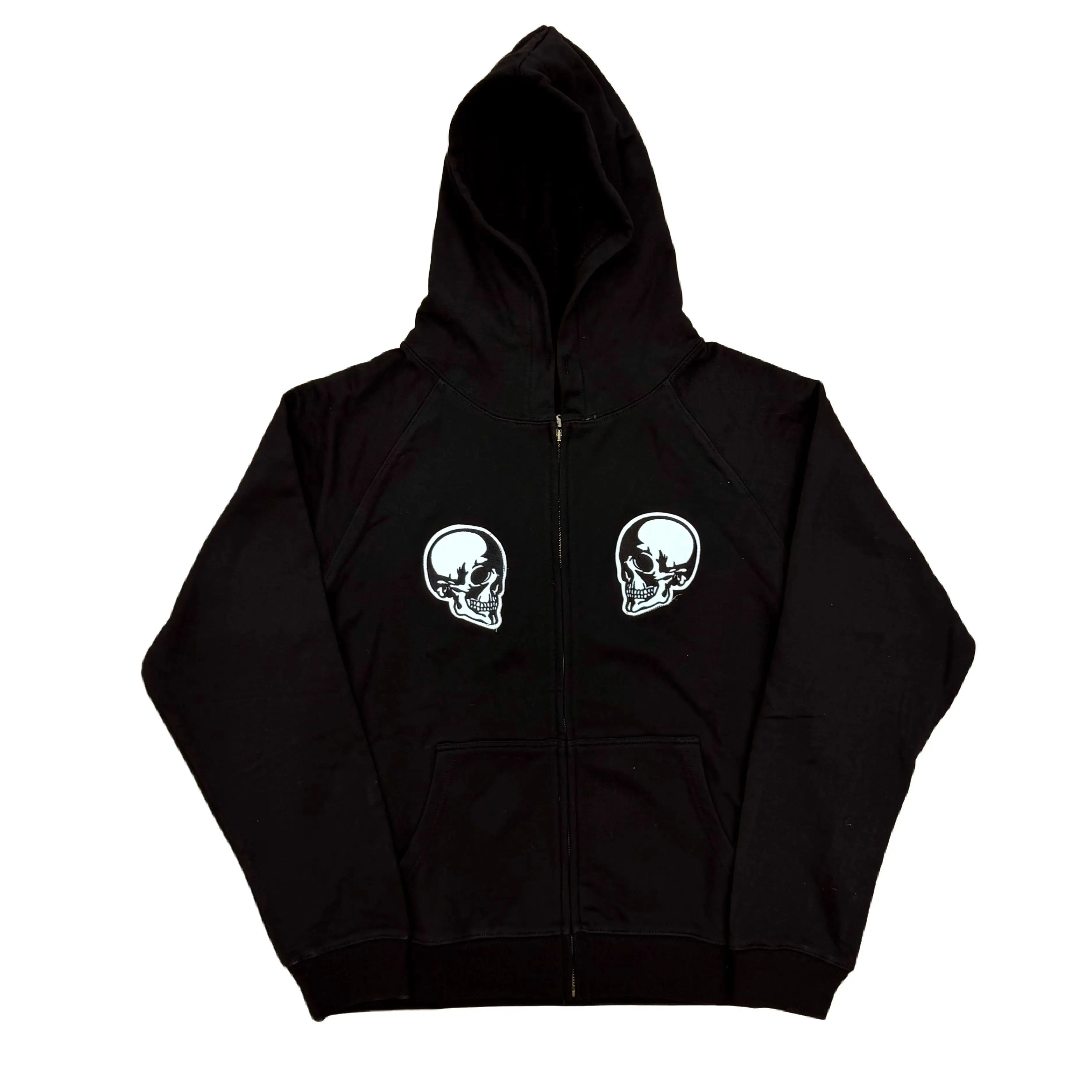 Black Double Skull Graphic Zip Hoodie