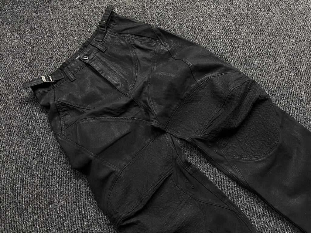 Beige Coating Waxed Motorcycle Graphic Jeans