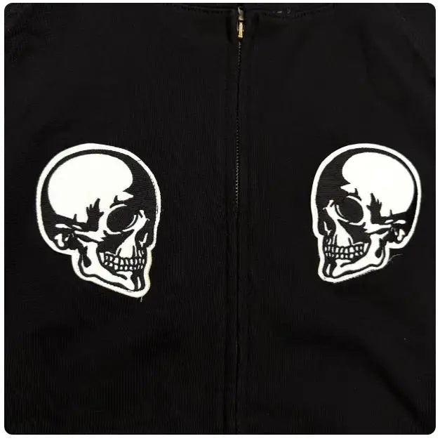 Black Double Skull Graphic Zip Hoodie