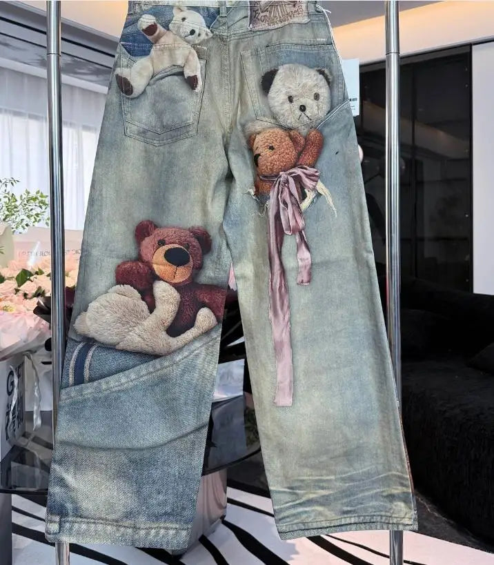 Beige Bear Straight-Leg Jeans
